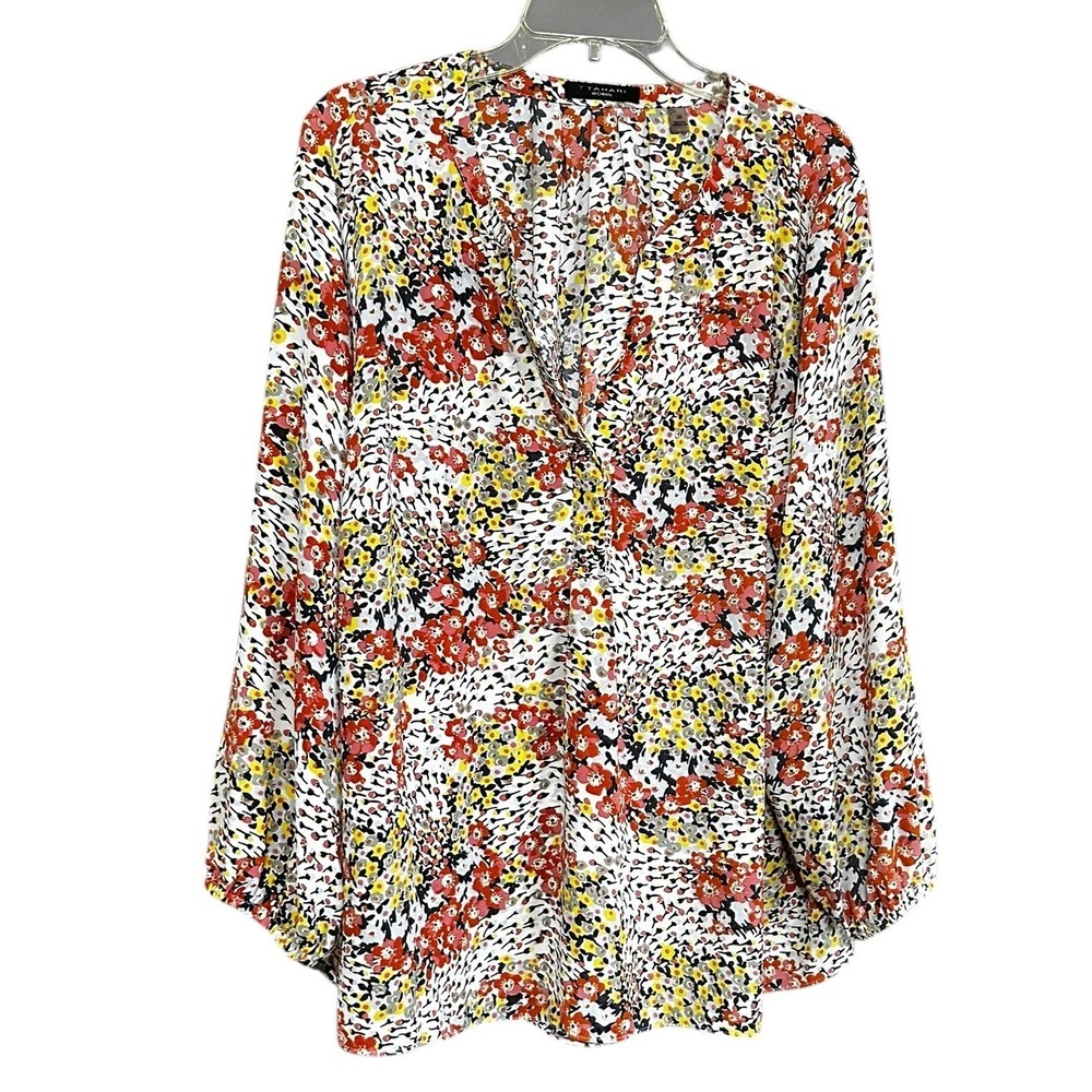 T Tahari Woman Ditsy Floral Split Neck Blouse 3X Orange Yellow Balloon Sleeve